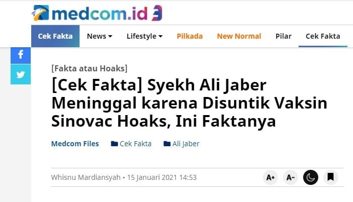 Fakta Syekh Ali Jaber meninggal dunia usai disuntik vaksin Covid-19 (Turnbackhoax.id)