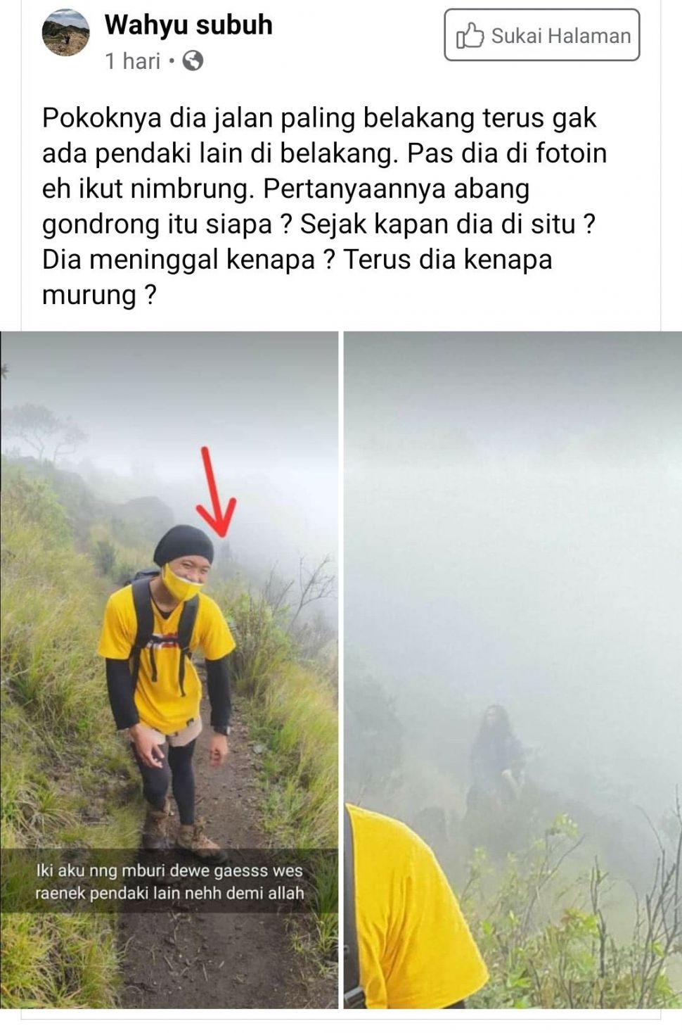 Heboh Penampakan Sosok Gondrong di Gunung (Facebook/Wahyu subuh)