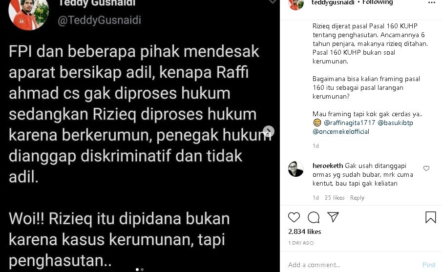 Tanggapan Teddy Gusnaidi soal desakan pada aparat untuk menindak Raffi Ahmad (Instagram)