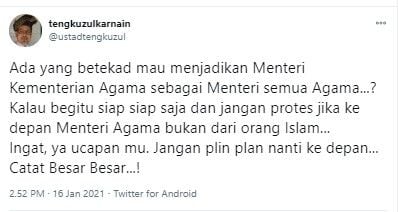 Tengku Zul sebut ke depan ada menteri agama bukan orang Islam (Twitter/ustadtengkuzul)