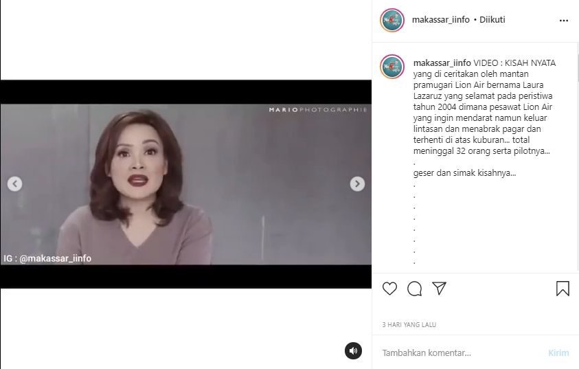 Viral Kisah Pramugari 2 Kali Lolos Kecelakaan Pesawat (Instagram/mariophotografi&makassar_iinfo).