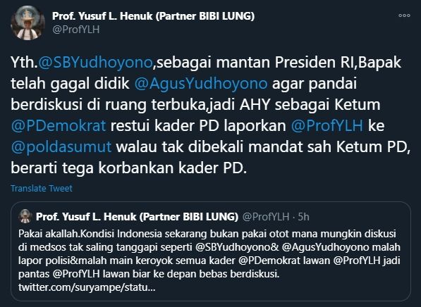 Cuitan Prof Yusuf sebut SBY gagal mendidik AHY (Twitter/ProfYLH).