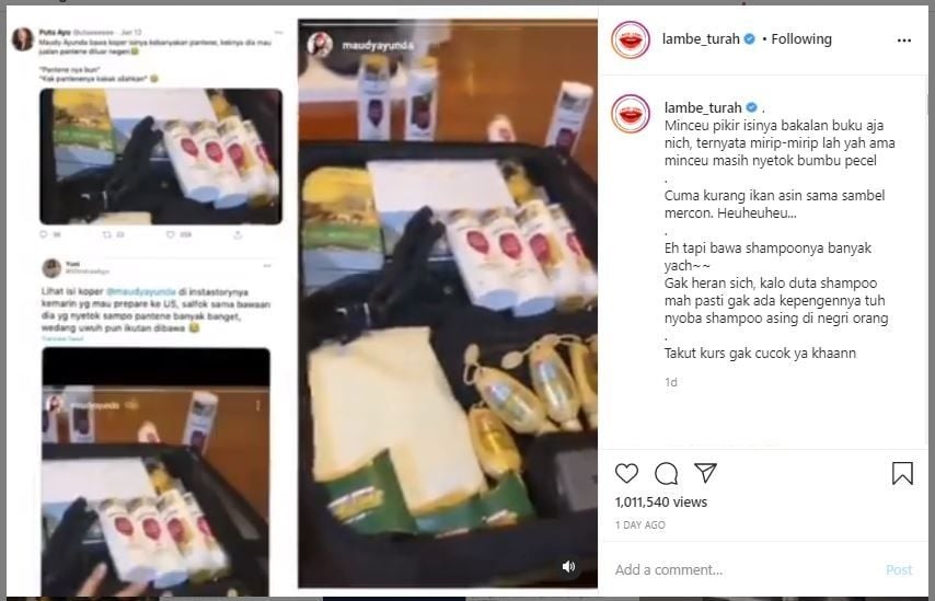 Jumlah Sampo di Koper Maudy Ayunda Jadi Sorotan (instagram.com/lamber_turah)