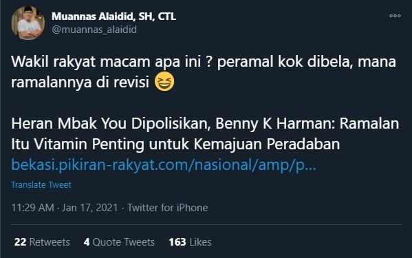 Muannas Alaidid soal Benny K Harman yang sebut ramalan itu vitamin penting (Twitter).