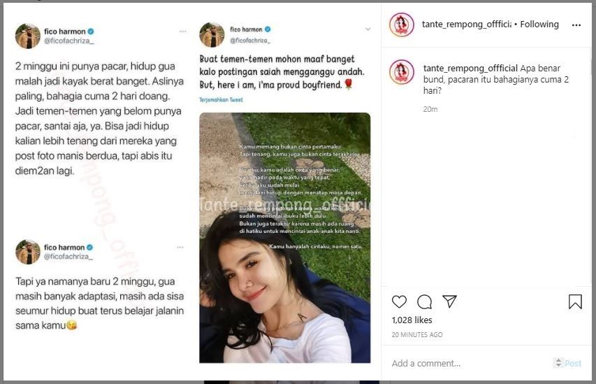 Cuitan Komika Fico Fachriza soal Pacar (instagram.com/tante_rempong_offficial)