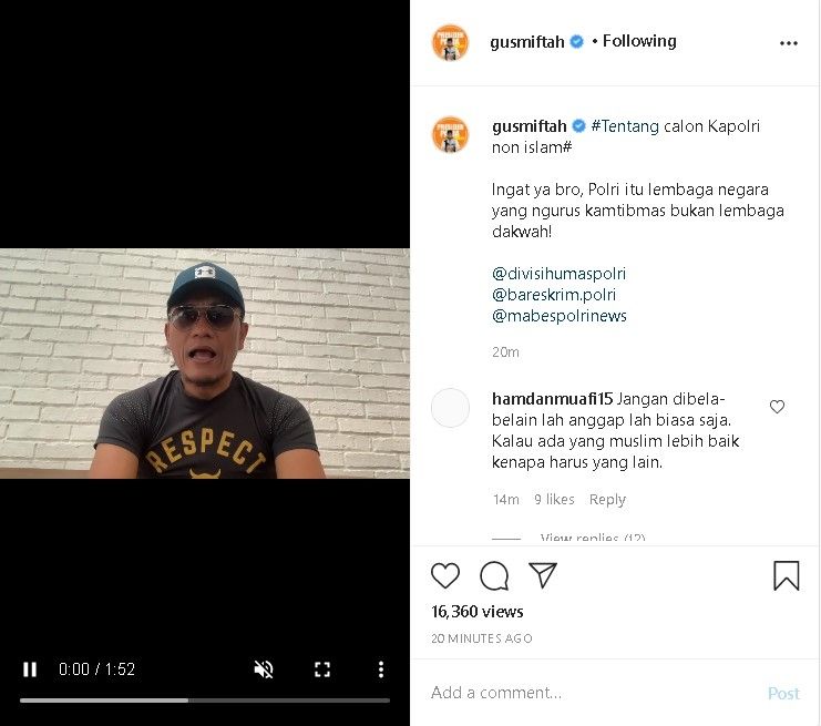 Gus Miftah menjawab pendapat kontra soal agama calon kapolri Komjen Listyo Sigit Prabowo. - (Instagram/@gusmiftah)