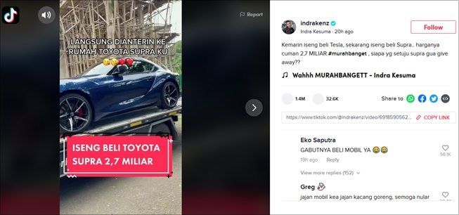 Crazy Rich Indra Kesuma iseng jajan mobil Rp2,7 miliar, diingatkan soal sedekah. (TikTok/@indrakenz)