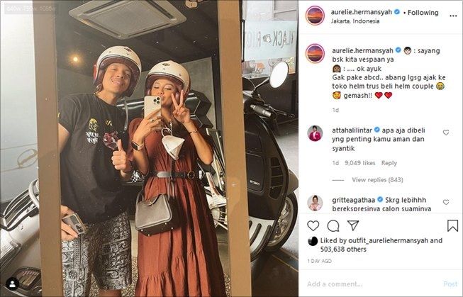 Atta Halilintar beli helm couple belasan juta buat Aurel Hermansyah. (Instagram/@aurelie.hermansyah)