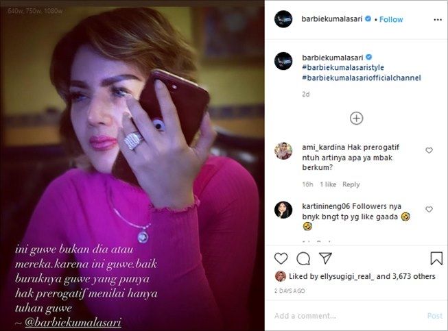 Barbie Kumalasari tulis pesan bijak, cara eja 'gue' kata diolok. (Instagram/@barbiekumalasari)