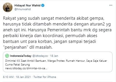 Komentar HNW soal korban bencana diminta KK ambil bantuan (Twitter/hnurwahid)