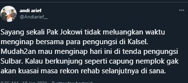 Kicauan politisi partai demokrat, Andi Arief soal Jokowi yang berkunjung meninjau banjir di Kalimantan Selatan, Selasa (19/1/20201). [Andi Arief / Twitter]