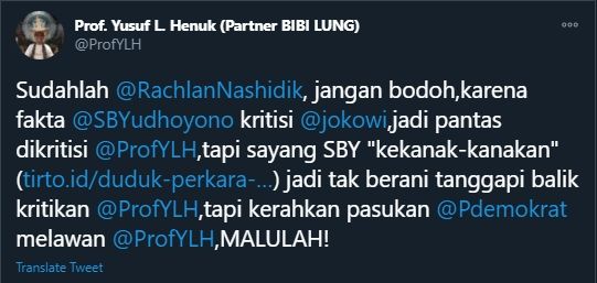 Cuitan Prof Yusuf L Henuk membalas sindiran Rachland Nashidik (Twitter).