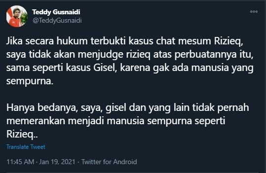 Cuitan Teddy Gusnaidi membandingkan Habib Rizieq dan Gisel (Twitter/TeddyGusnaidi).