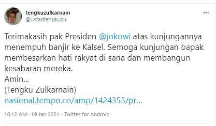 Tengku Zul berterima kasih Jokowi kunjungi lokasi banjir Kalsel (Twitter/ustadtengkuzul)