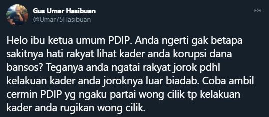 Gus Umar mengkritik pernyataan Megawati yang sebut rakyat Indonesia jorok (Twitter/Umar75Hasibuan).