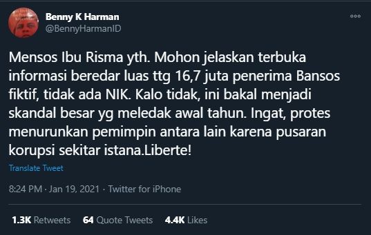 Benny K Harman mengingatkan Mensos Risma soal penerima bansos fiktif (Twitter).