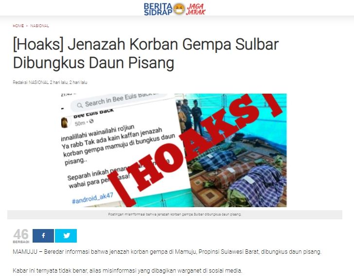 Jenazah korban gempa Mamuju dibungkus daun pisang (turnbackhoax.id)