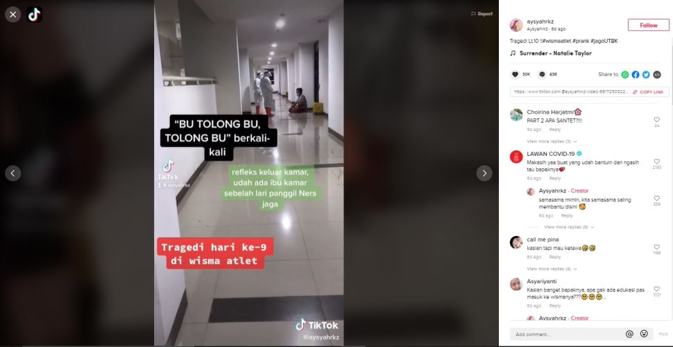 Viral bapak pasien Covid-19 di Wisma Atlet berteriak minta tolong karena kelaparan (TikTok/@aysyahrkz).