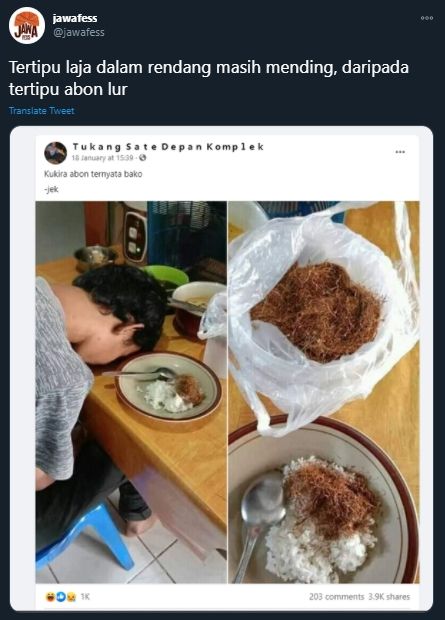 Mirip Abon Sapi, Pria Ini Tak Sengaja Santap Nasi Lauk Tembakau. (Twitter/@jawafess/Facebook/Tukang Sate Depan Komplek)
