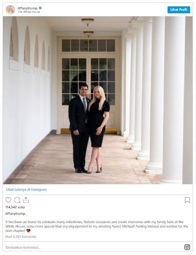 Tiffany Trump umumkan pertunangan sehari sebelum ayahnya lengser. (Instagram/@tiffanytrump)