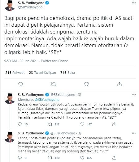 SBY ungkap 8 hikmah dari drama Pilpres AS (Twitter/sbyudhoyono)