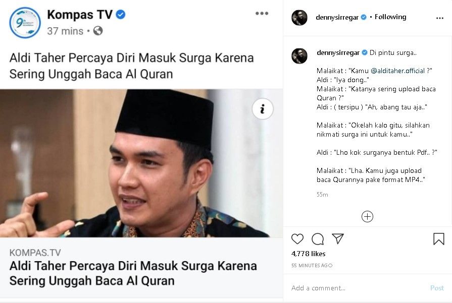 Denny Siregar menyindir pernyataan Aldi Taher soal "percaya diri masuk surga". - (Instagram/@dennysirregar)