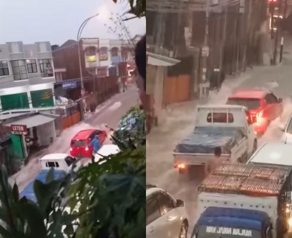 Toyota Agya menerjang tanjakan yang sedang dialiri derasnya arus banjir. (Facebook/Cak Abied)