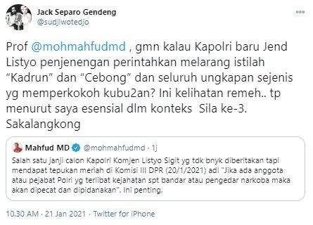 sujiwo tejo usul Kapolri larang penggunaan istilah kadrun dan cebong (Twitter/sudjiwotedjo)