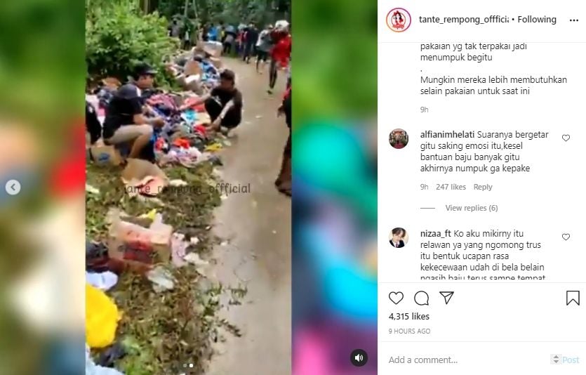 Video penampakan bantuan baju untuk korban bencana. (Instagram/tante_rempong_offficial)