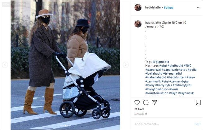 Potret Gigi Hadid saat momong anak di New York pada 10 Januari 2021. (Instagram/@hadidslatte)