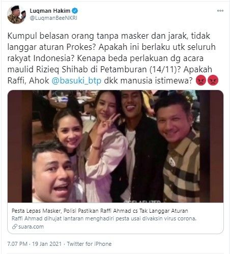 Luqman Hakim protes Raffi Ahmad dan Ahok tak langgar aturan lepas masker (Twitter/luqmanbeenkri)