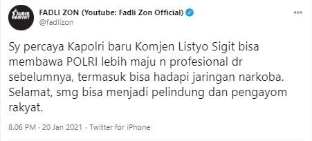 Fadli Zon berharap Komjen Listyo Sigit bisa bawa Polri jadi lebih profesional (Twitter/fadlizon)