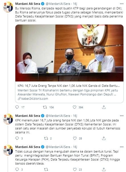 Mardani minta Mensos fokus perbaiki data penerima Bansos (Twitter/mardanialisera)