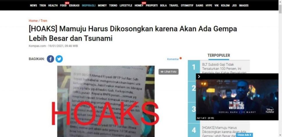 Mamuju harus dikosongkan karena diprediksi ada gempa dan tsunami susulan (Turnbackhoax.id)