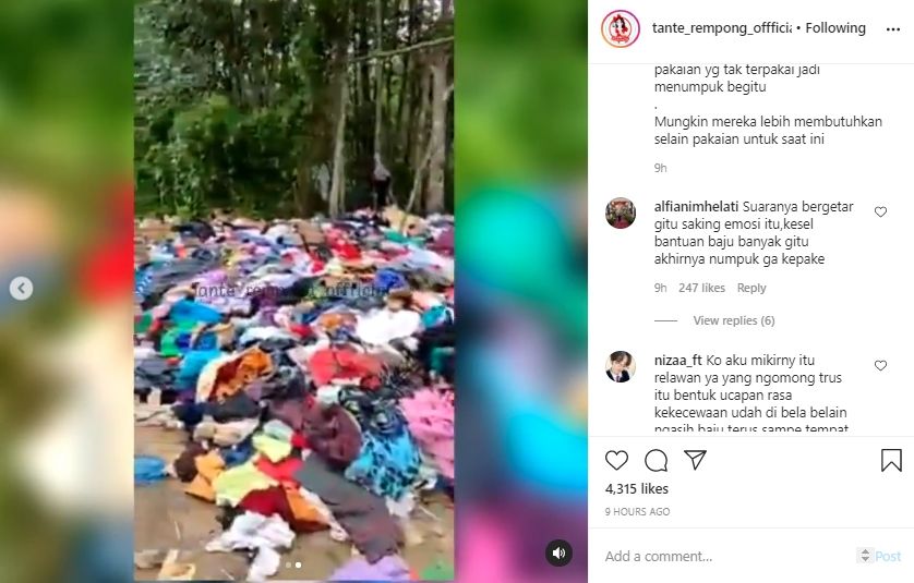 Video penampakan bantuan baju untuk korban bencana. (Instagram/tante_rempong_offficial)