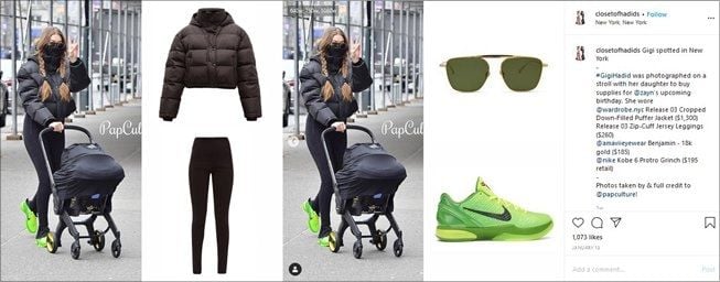 Detail outfit Gigi Hadid saat momong anak di New York. (Instagram/@closetofhadids)