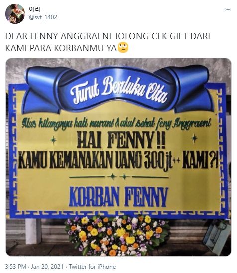 Karangan bungan berisi pesan menohok untuk Fenny. (Twitter/svt_1402)