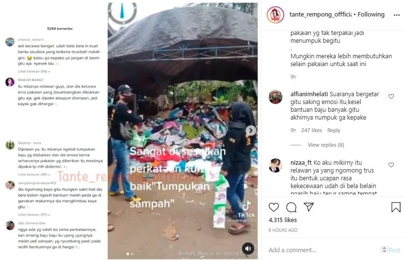 Video penampakan bantuan baju untuk korban bencana. (Instagram/tante_rempong_offficial)