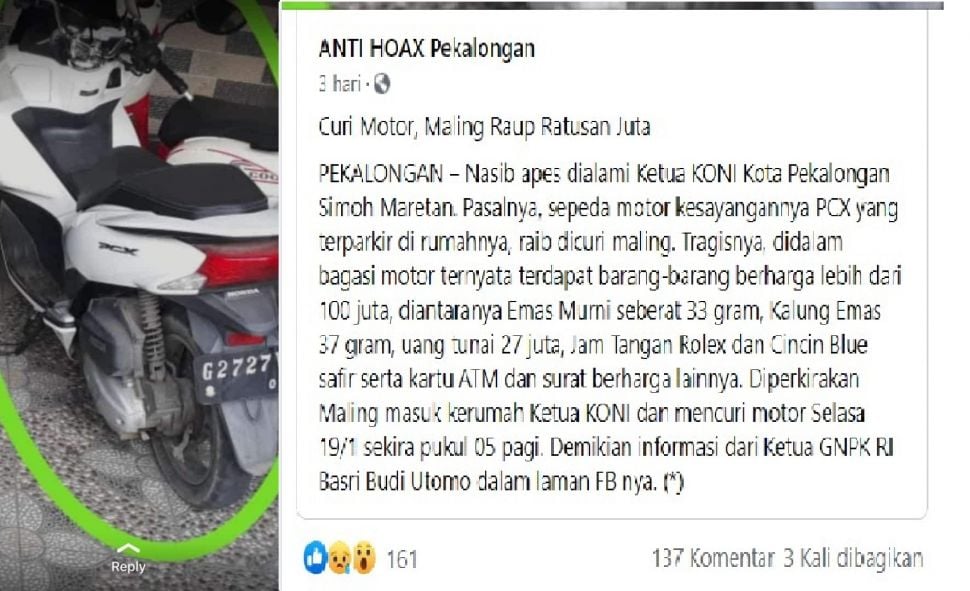 Motor Honda PCX milik Ketua KONI Pekalongan dilang dimaling (Facebook)