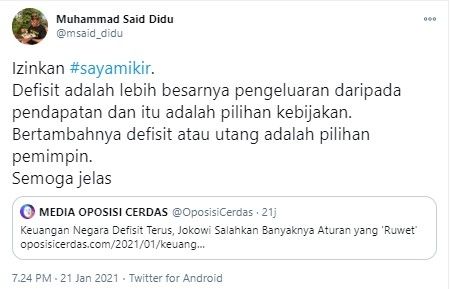 Said Didu soroti sikap Jokowi soal defisit negara (Twitter/msaid_didu)