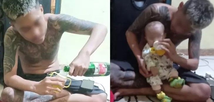 Pemuda bertato kasih bayi minum bir. (dok.Gopos.id)