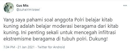 Gus Mis dukung wacana polisi belajar kitab kuning (Twitter/zuhairimisrawi)