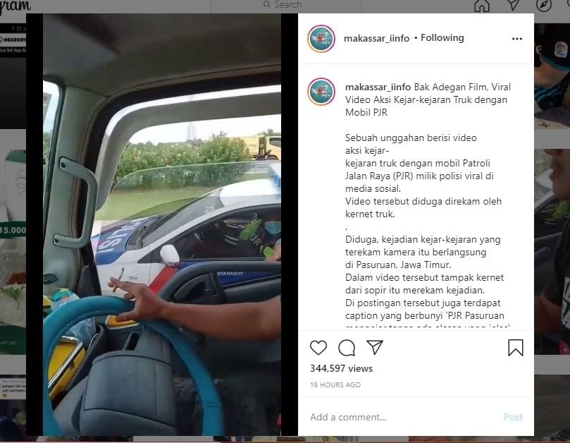 Aksi kejar-kejaran truk dan mobil PJR (IG/makassar_iinfo)