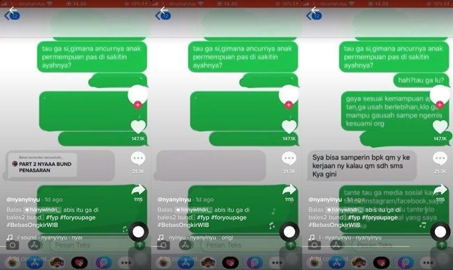 Gadis cantik ini manfaatkan tren TikTok buat ekspose isi pesan labrak pelakor. (TikTok/@nyenyonya)