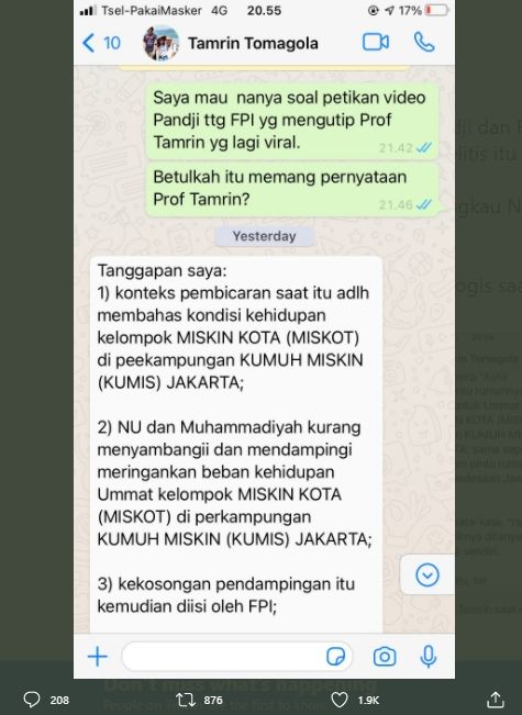 Gus Sahal Ungkap Klarifikasi Tamrin Tomagola soal 'FPI Lebih Merakyat' . (Twitter/sahal_as)