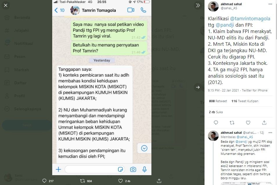 Klarifikasi Tamrin Tomagola soal Pandji sebut FPI Lebih Merakyat (Twitter/sahal_as)