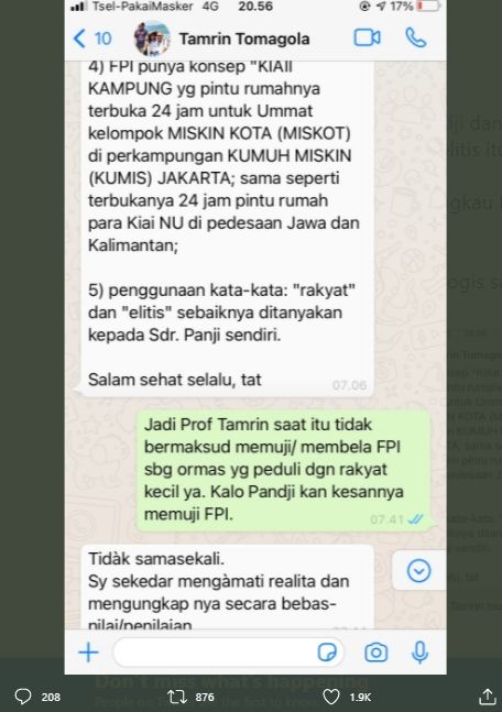 Gus Sahal Ungkap Klarifikasi Tamrin Tomagola soal 'FPI Lebih Merakyat' . (Twitter/sahal_as)