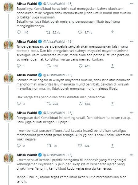 Alissa Wahid minta Kemdikbud turun tangan soal kasus siwa wajib berjilbab (Twitter/alissawahid)