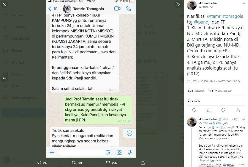 Klarifikasi Tamrin Tomagola soal Pandji sebut FPI Lebih Merakyat (Twitter/sahal_as)