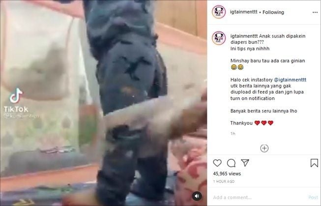 Viral trik pakaikan popok ke anak tanpa lepas celana. (Instagram/@igtainmenttt)